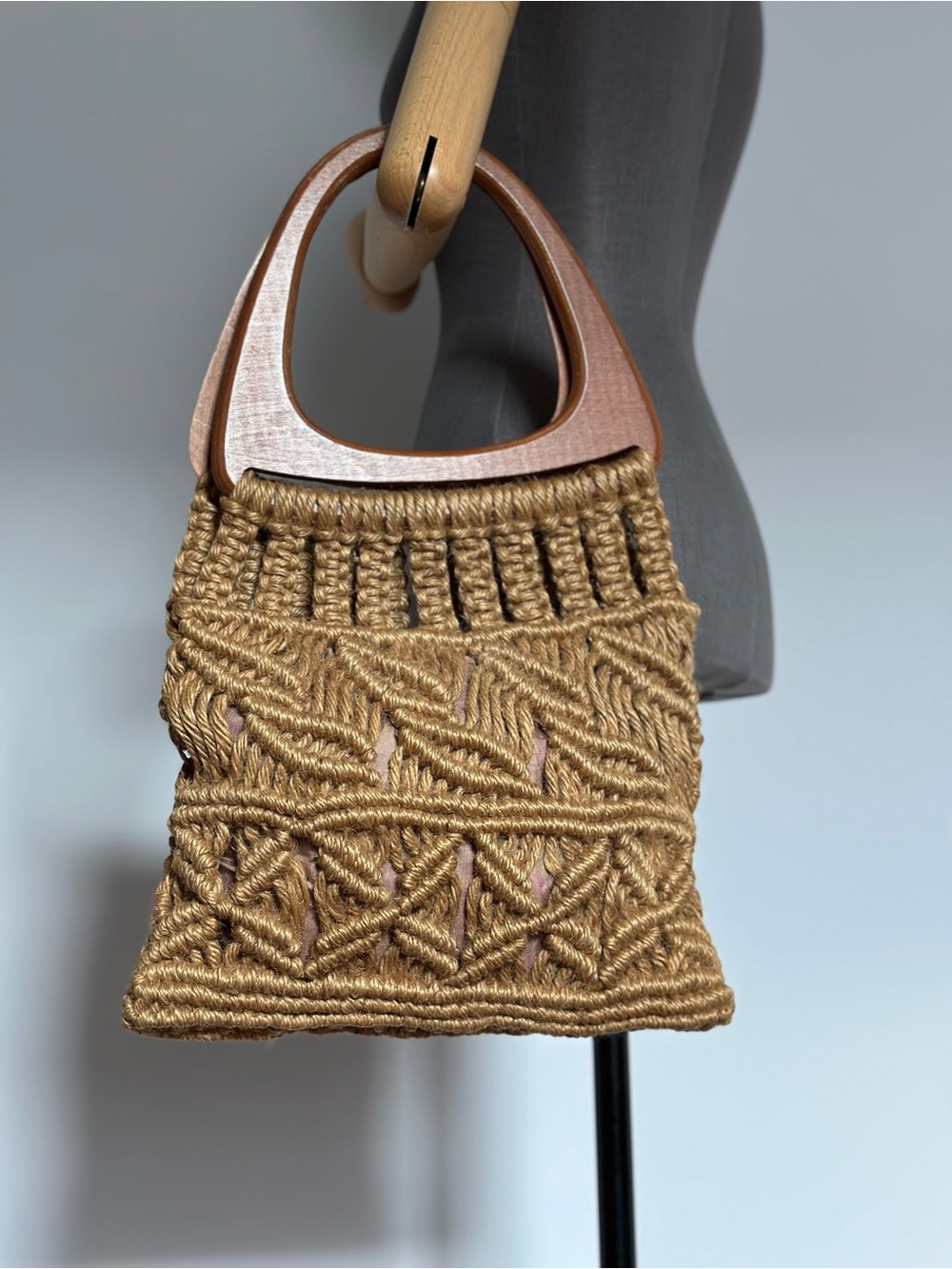 Boho Macrame Handbag Woven Rope Tote Wooden Handles Artisan Statement Bag